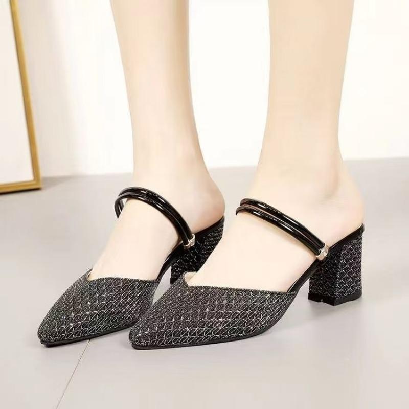 Wearing pointed toe half slippers versatile women's shoes trendy two wear women's summer new bag head thick heel cool slippers
