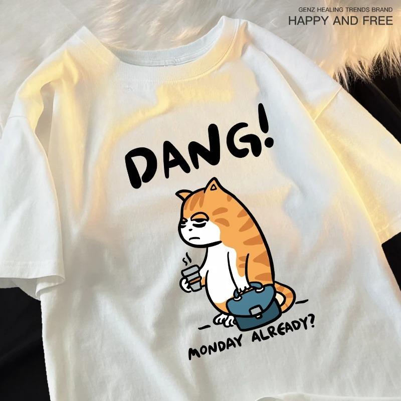

Monday Already Dang Tired Coffee Working Cat Prints Womens Tee Shirts Hip Hop T Shirt Casual Comfortable Women TShirts S