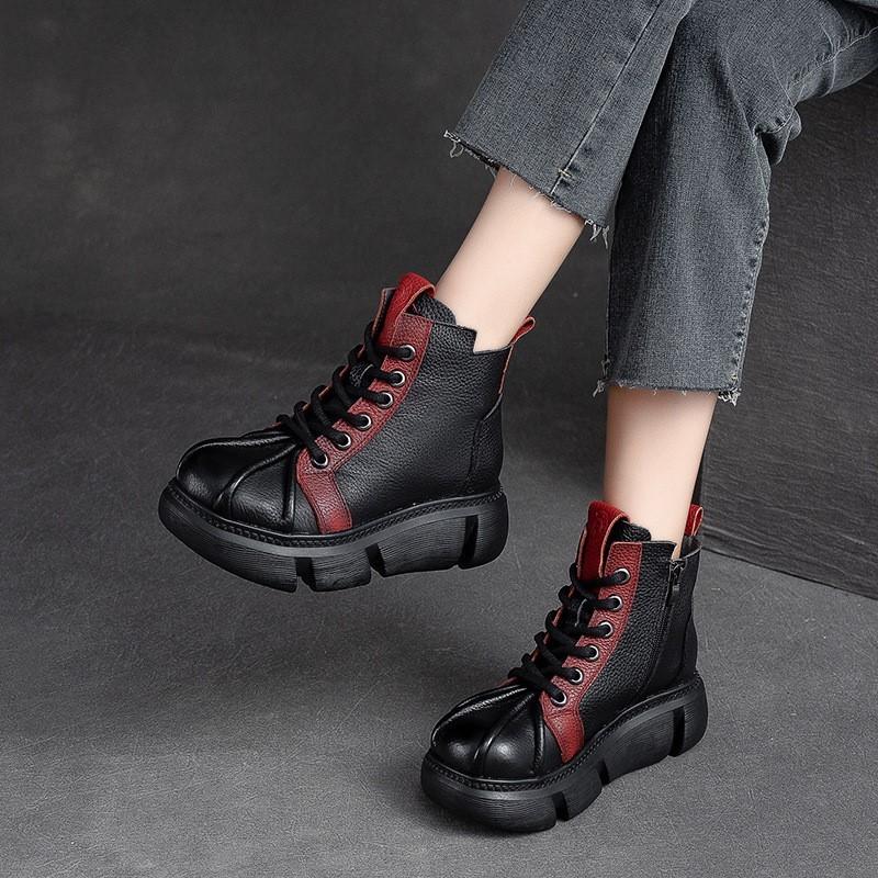 Johnature 2023 Autumn Winter New Retro Short Boots Women Genuine Leather Mixed Colors Thick Soled Versatile Platform Shoes