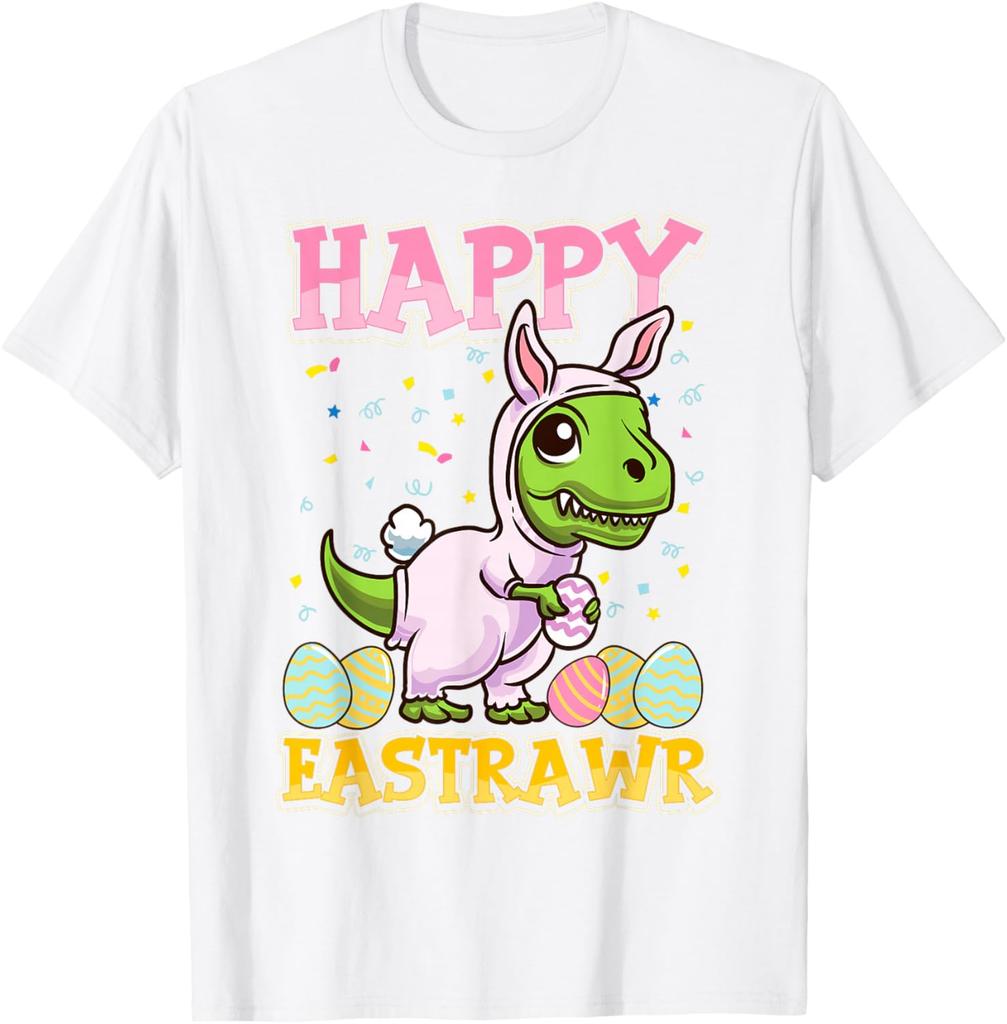 Happy Eastrawr Dinosaur Bunny Costume Graphic Tee Men's Casual Cotton Short Sleeve T-Shirt