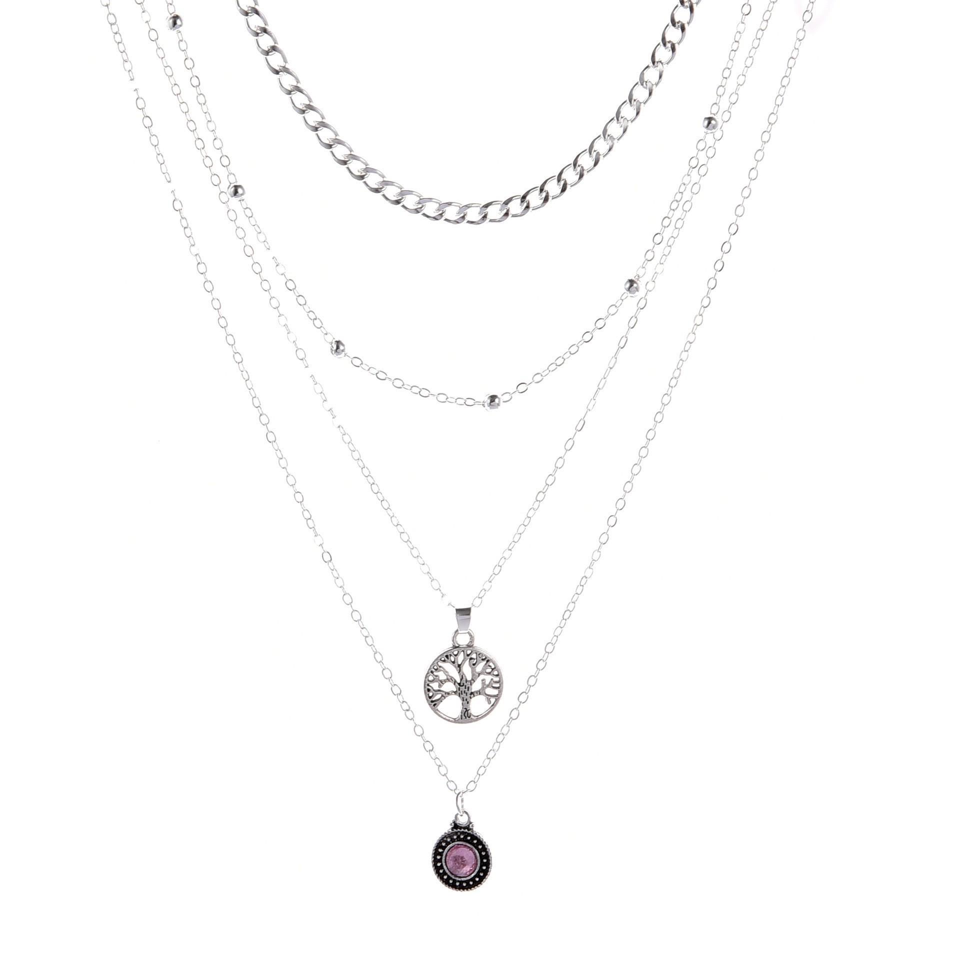 

European & American Fashion: Retro Tree of Life Pink Gem Diamond Pendant Four-Layer Necklace for Women
