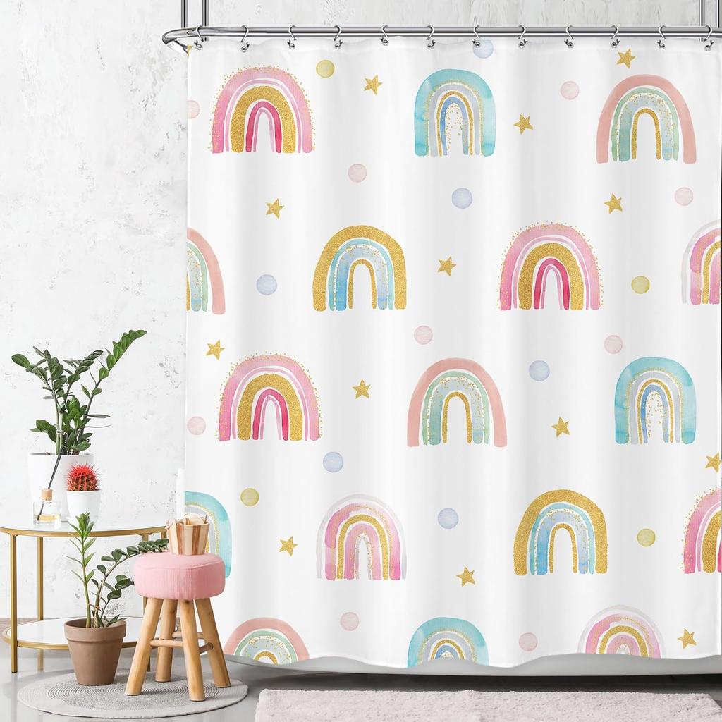 Kids Girls Purple Rainbow Shower Curtain Boho Rainbow Lavender Polka Dots Cartoon Cute Princess Vintage Preppy Girly Bathroom