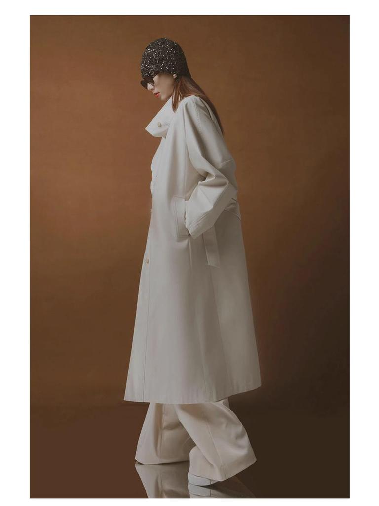 Rongtai Women's Tencel Drapey Trench Coat - Spring 2025 Collection, British Style with Tie-Waist and Stand Collar