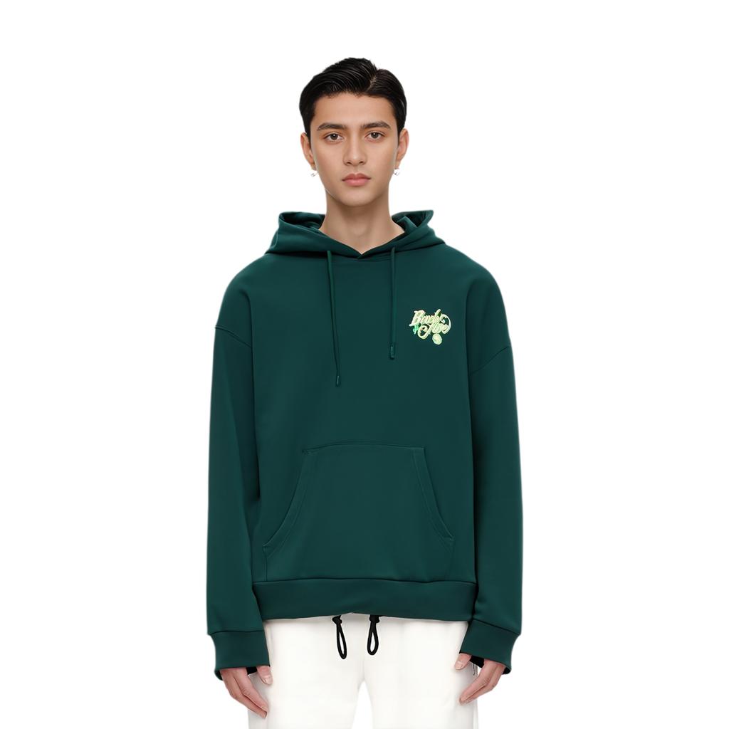Li-Ning Solid Color Back Print Pattern Long Sleeve Hoodie Unisex Tops Dark-Green AWDS657-5