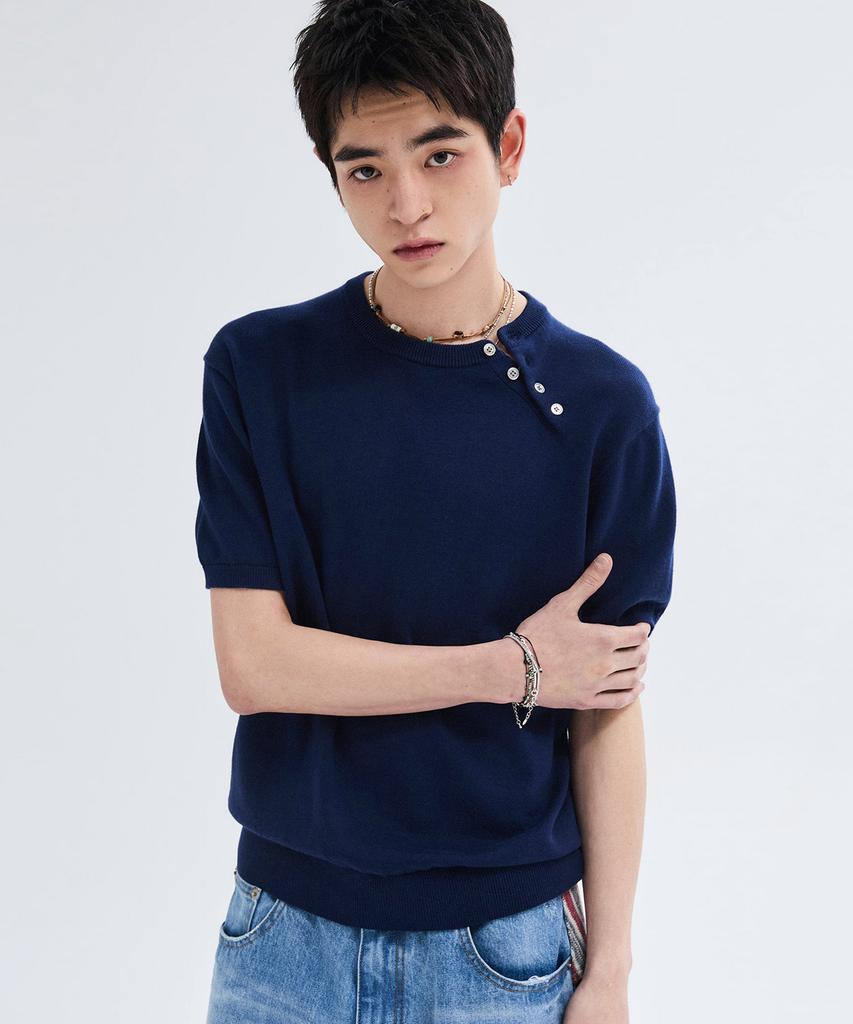 LEIRE Diagonal Henley Neck Short Sleeve Knit [Navy]