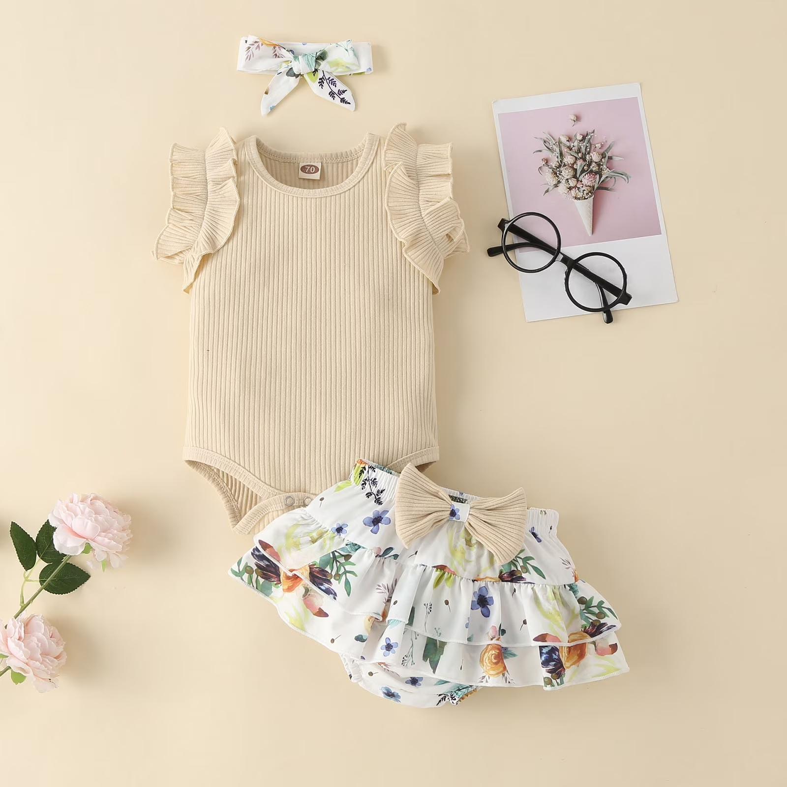 Baby Girls Sleeveless Ruffle Romper Floral Printed Skirt Set with Headband Cotton Soft Fabric Infant Toddler Outfit 100 бежевый