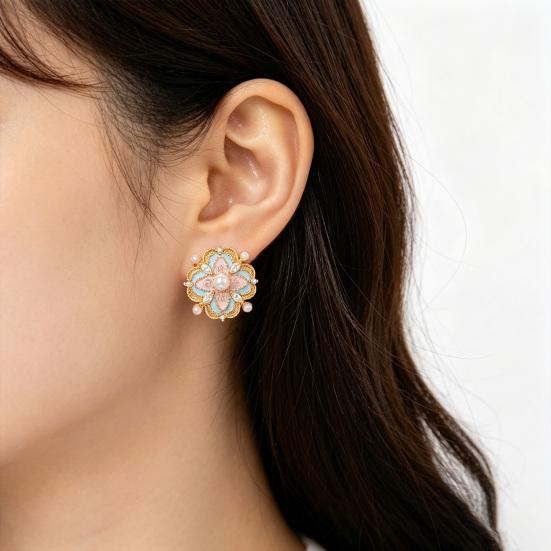 1 Pair Stud Earrings Imitation Pearl Cubic Zirconia Stone Inlaid Flower Shape French Style Blue Enamel Ear Studs Jewelry Gift