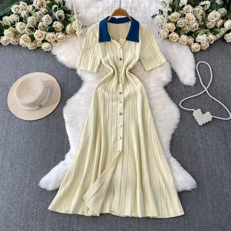 In Stock: S Brand 026 Summer French Women's Short Sleeve Elegant Knit Long Dress