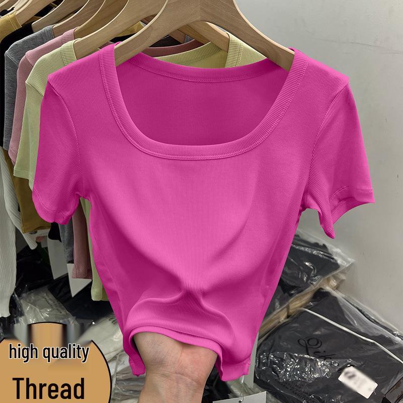 2026 European Style Women's Fashion: Solid Color Ribbed Square Neck Slim Fit Short Sleeve Top