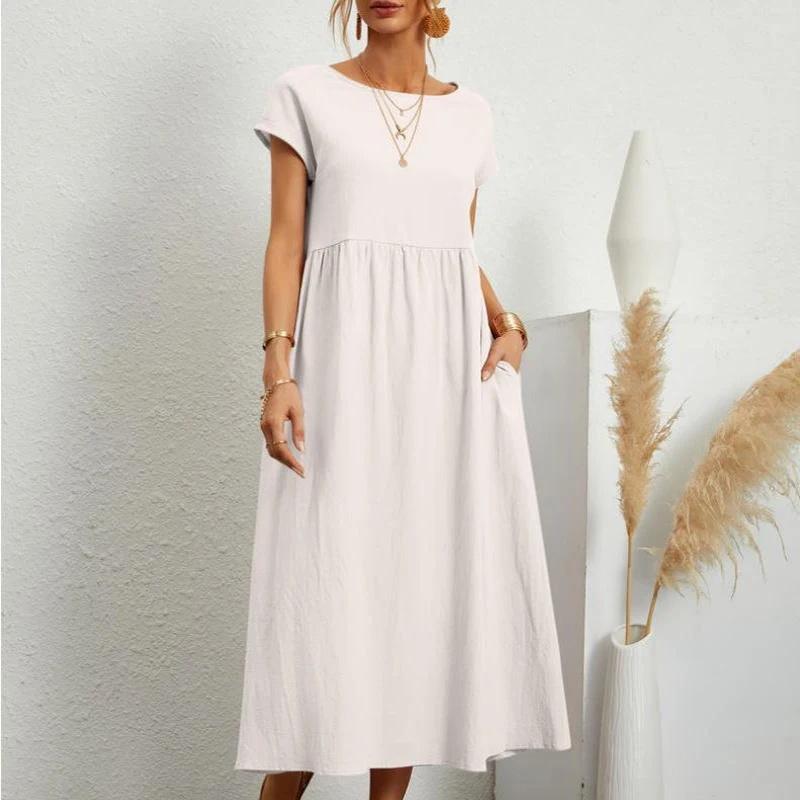 Women's Elegant Solid Color Dress Summer Short Sleeve O-Neck Vintage Harajuku Cotton Linen Comfortable Loose Pocket Long Dress