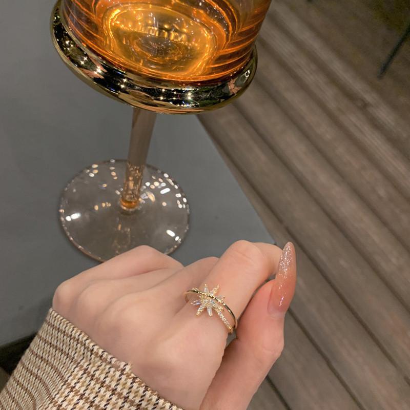 Exquisite Korean Rhinestone Five-pointed Star Adjustable Open Ring For Women Fashion Jewelry