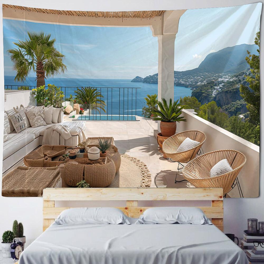 Beautiful Seaside Courtyard Landscape Tapestry Wall Hanging Room Wall Decoration Living Room and Bedroom Background Poster