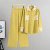 Women's Cross-Border Casual Knit Wide-Leg Pants & Polo Collar Cardigan Sweater Set for Spring/Autumn