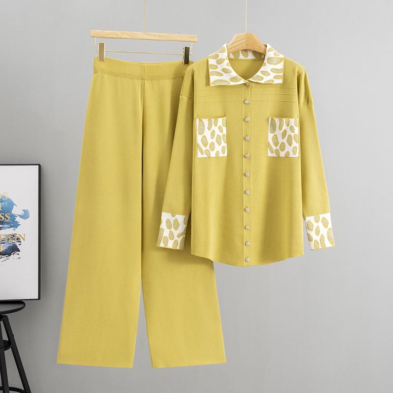 

Leopard Print Knit Cardigan & Wide-Leg Pants Set - Spring/Autumn Fashion for Women One Size жовтий
