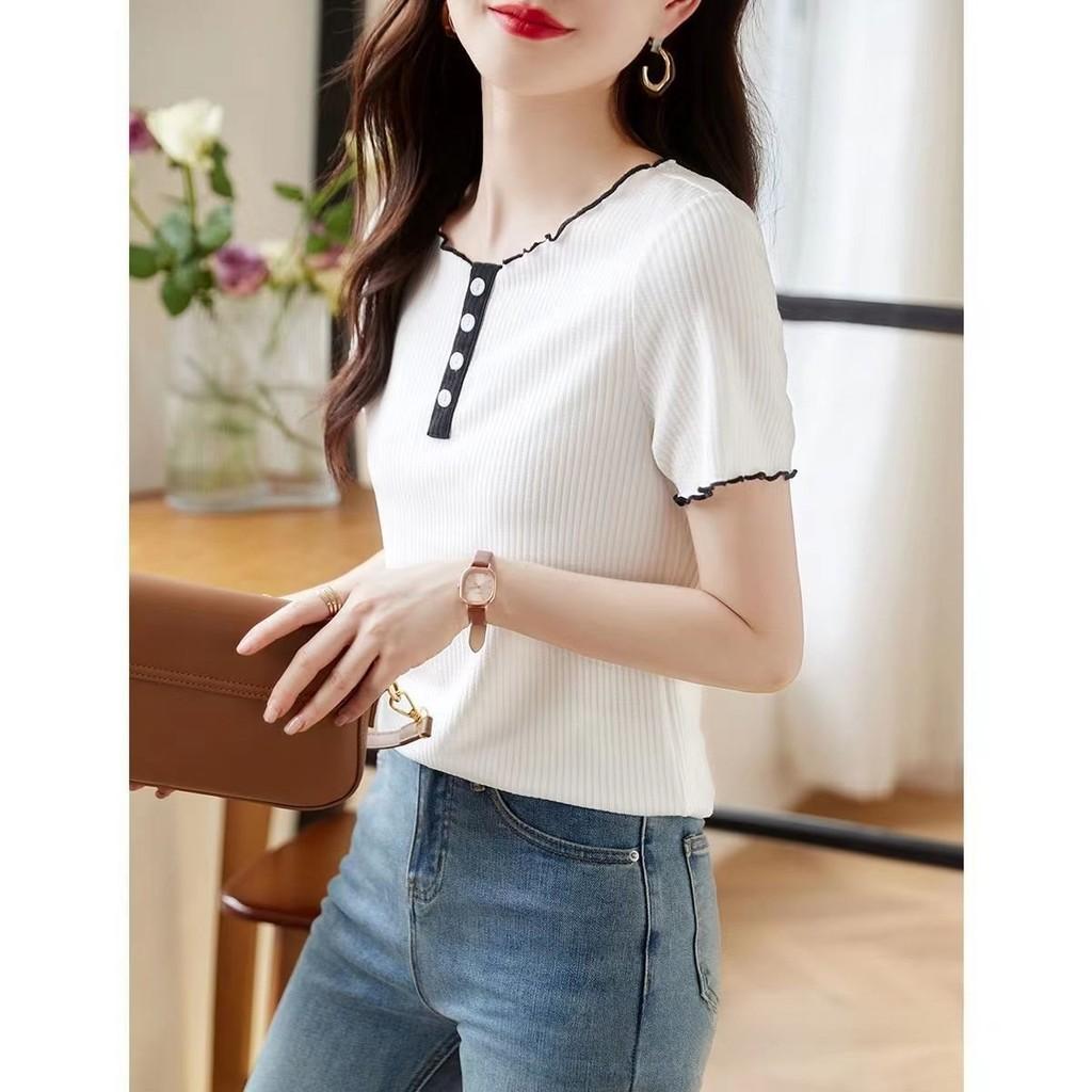 T-Shirt Sommer Lässig Baumwollmischung Mit Colorblocking-Design Für Damen