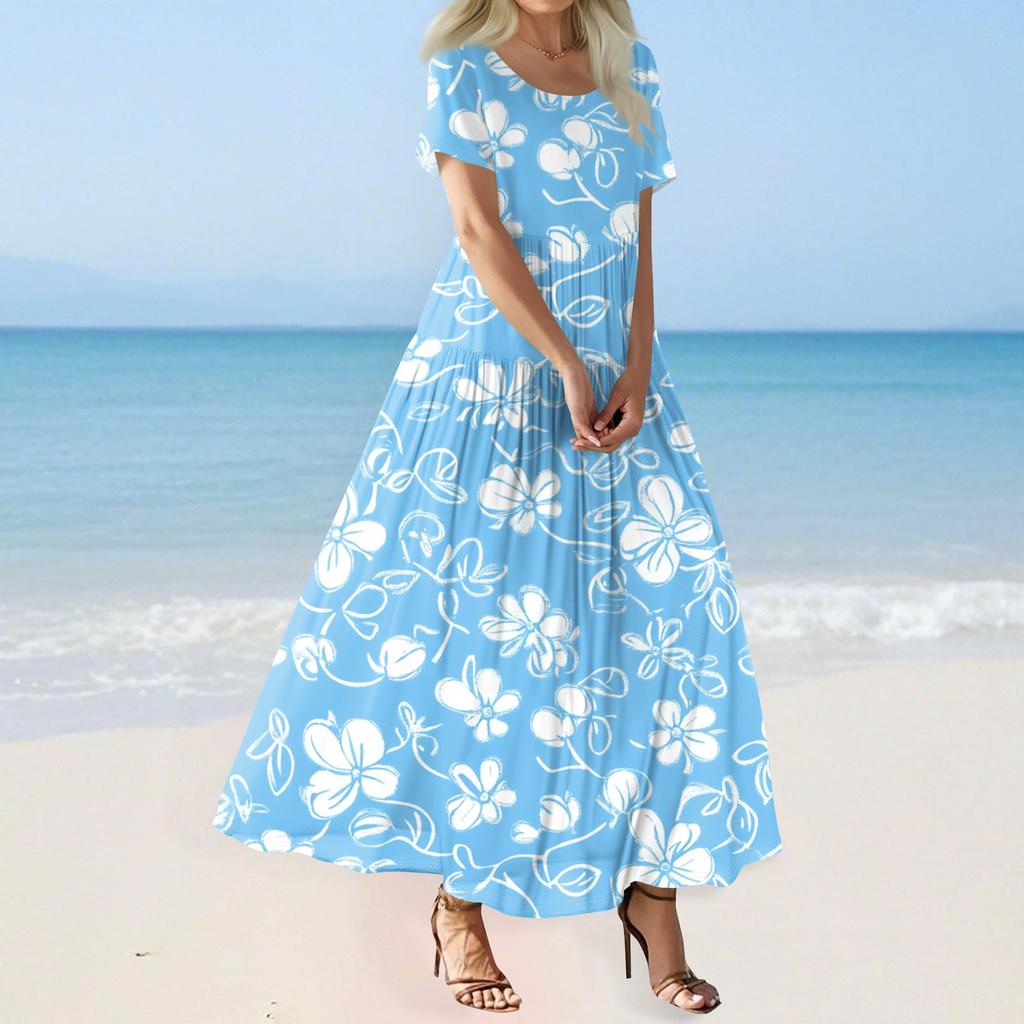 Damen Sommer Casual Blumendruck Kurzarm O-Ausschnitt Hohe Taille A-Linie Stufen Fließendes Boho Maxikleid