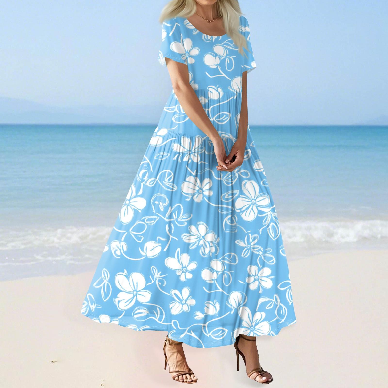 Women s Summer Casual Floral Print Short Sleeve O Neck High Waist A Line Tiered Flowy Boho Maxi Dress L