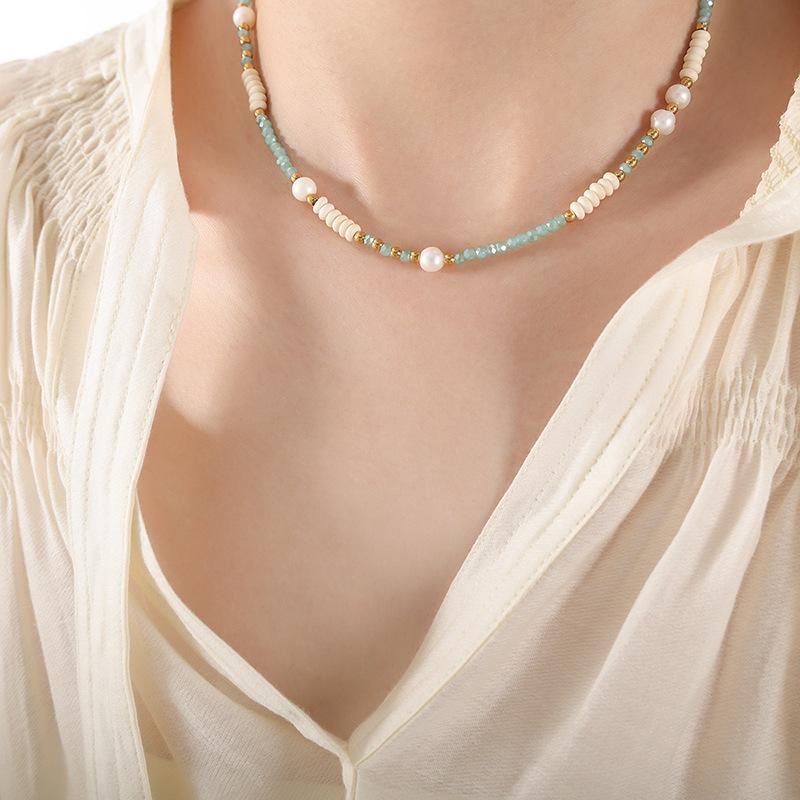 Dopamine-Inspired Multicolor Bead & Pearl Necklace: Freshwater Pearls, Glass Stones, Titanium Steel for Women.