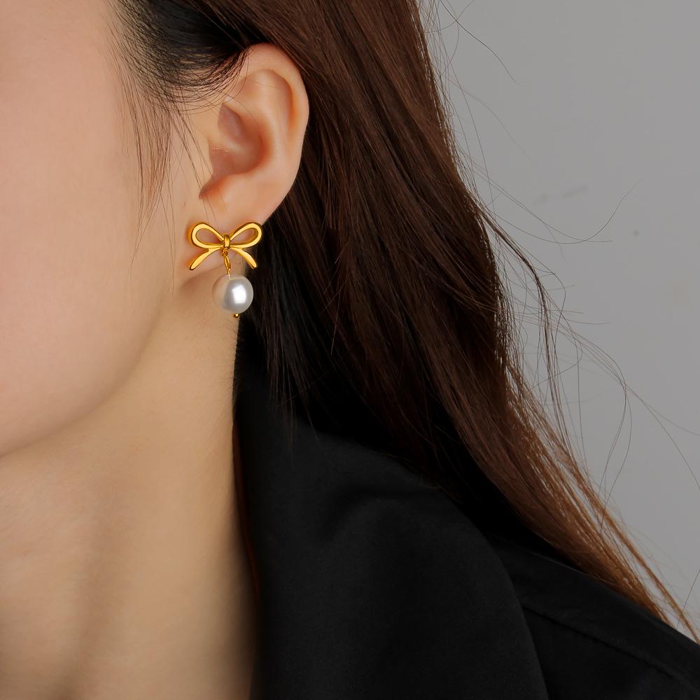18K Bowknot Pearl Titanium Steel Earrings for Women - INS Simple Fashion Ear Studs