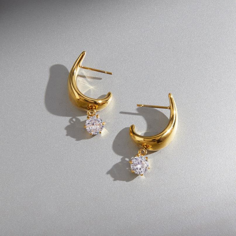 Round Zircon Drop Earrings for Women Minimalist C Shape 18K Gold PVD Plated Stainless Steel Earrings Fashion Jewelry Gift