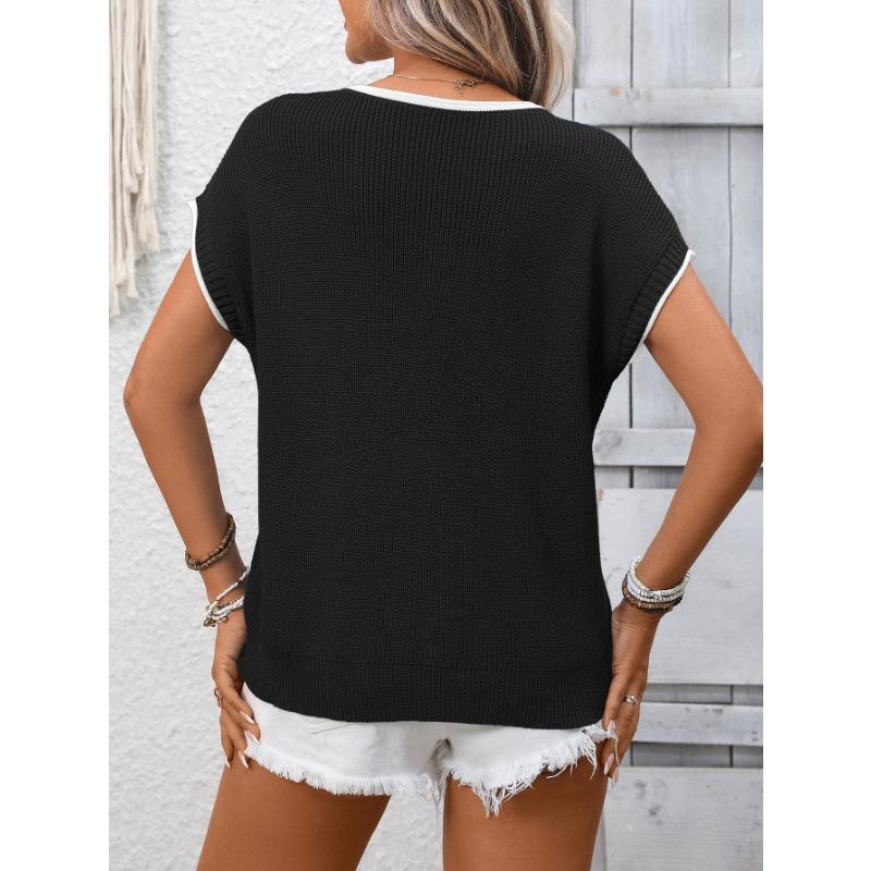Women's Black Knit Top with White Contrast Trim Cap Sleeve Casual Summer Sweater