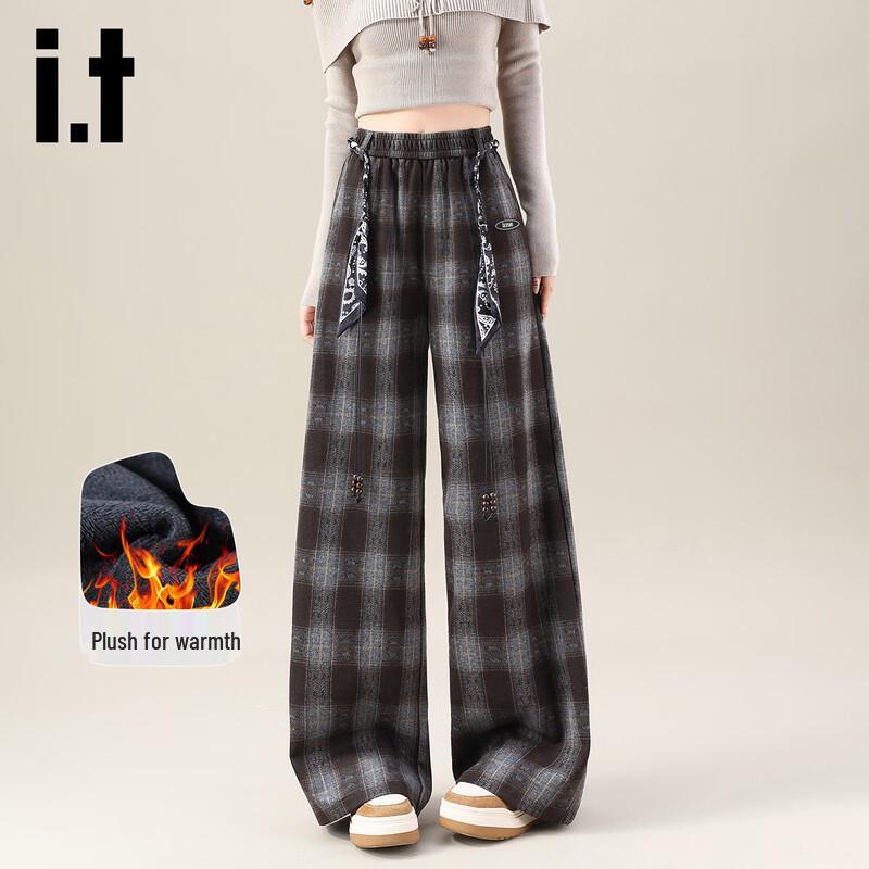izzueit Women s High-Waist Fleece-Lined Plaid Wide-Leg Pants L