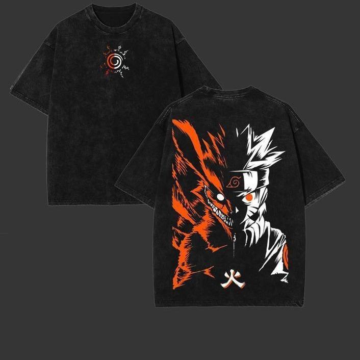 Naruto Negenstaartige Naruto Anime T-shirt Dubbel Bedrukt Vintage Gewassen Oversized Heren Dames Streetwear Korte Mouw Hoge Kwaliteit Vrouwelijke Mannelijke Kleding