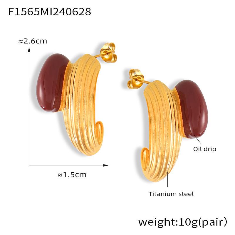Hepburn-Style Retro C-Shaped Enamel Earrings - Titanium Steel, Fashionable Niche Design
