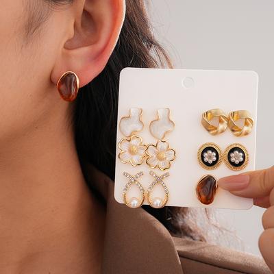 Ten-piece Set of Diamond-encrusted Imitation Pearl Acrylic Round Flower Triangular Silver Needle Stud Earrings Retro Earrings
