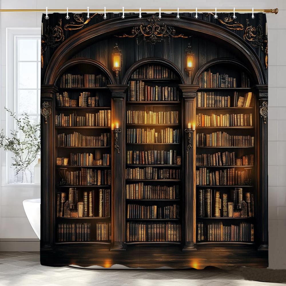 1pc Vintage Library Shower Curtain Old Book Bookshelf Candles Home Polyester Fabric Bathroom Decorative Home Curtain With Hooks