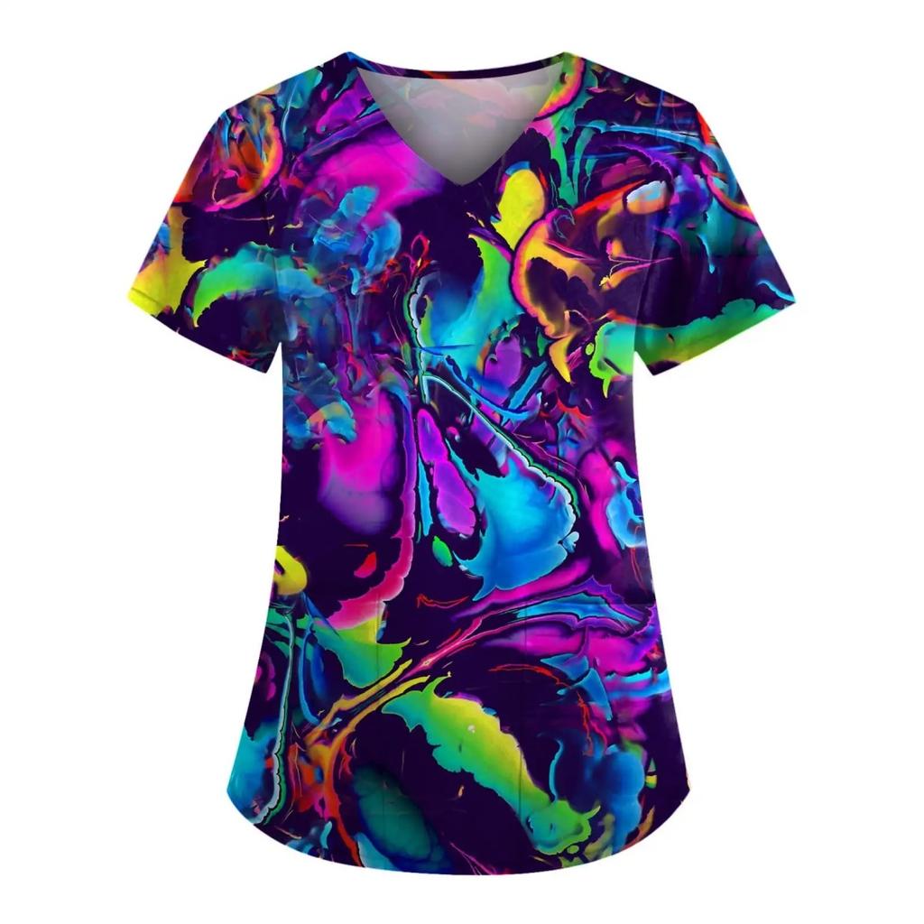 Women's Nursing Uniform with Romantic Heart Pattern Print Women's Short Sleeved Uniform Fashionable Casual and Comfortable