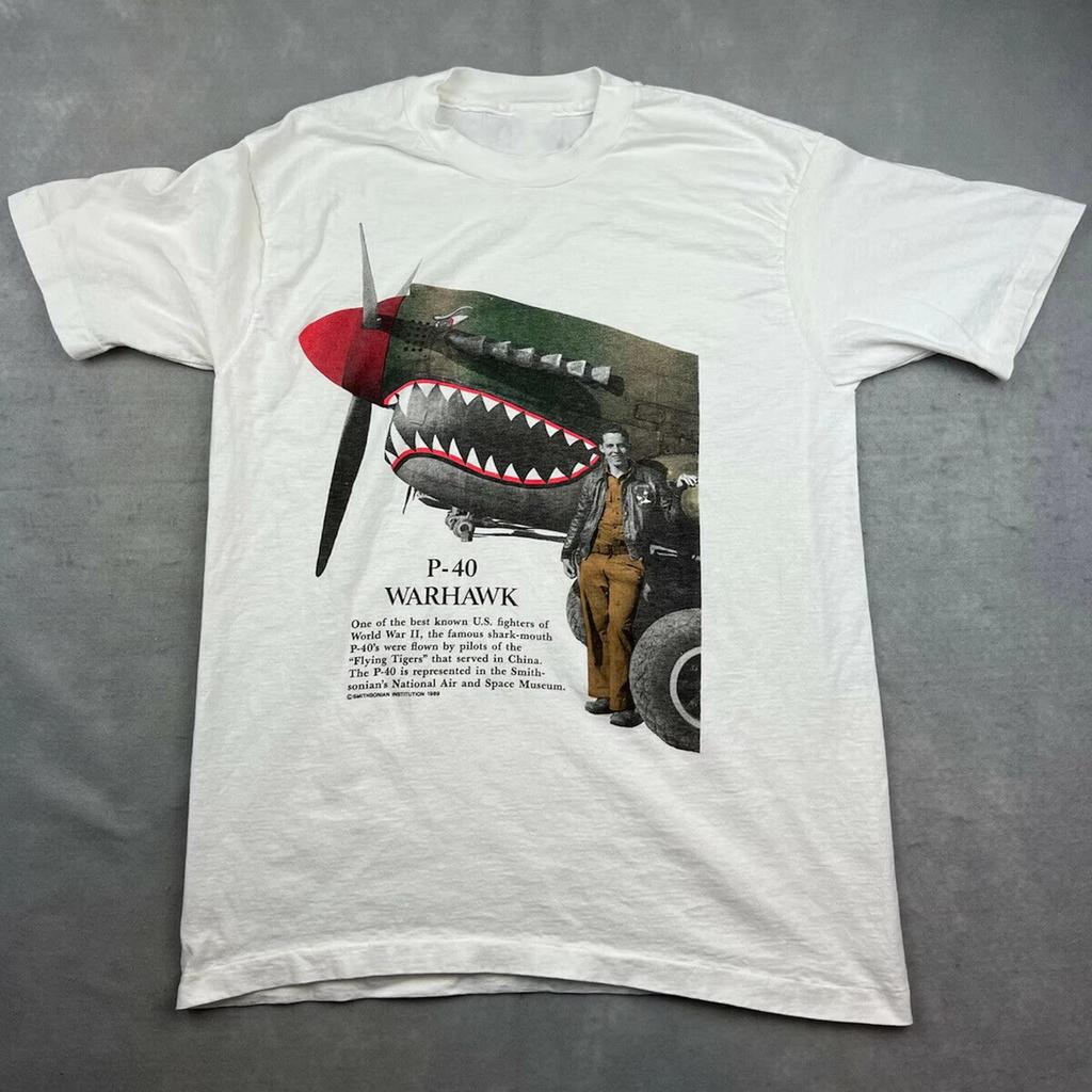 Vintage P40 Warhawk Tshirt Flying Tigers Military Wwii Bomber White Cotton Unisexs Loose Fit Casual Top Unisexs Clothing