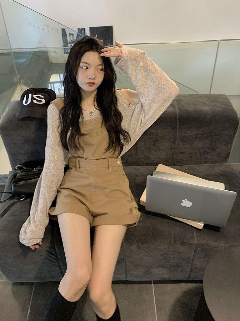 Off-Shoulder Sun Protection Shirt & Versatile Denim Overall Shorts for Women