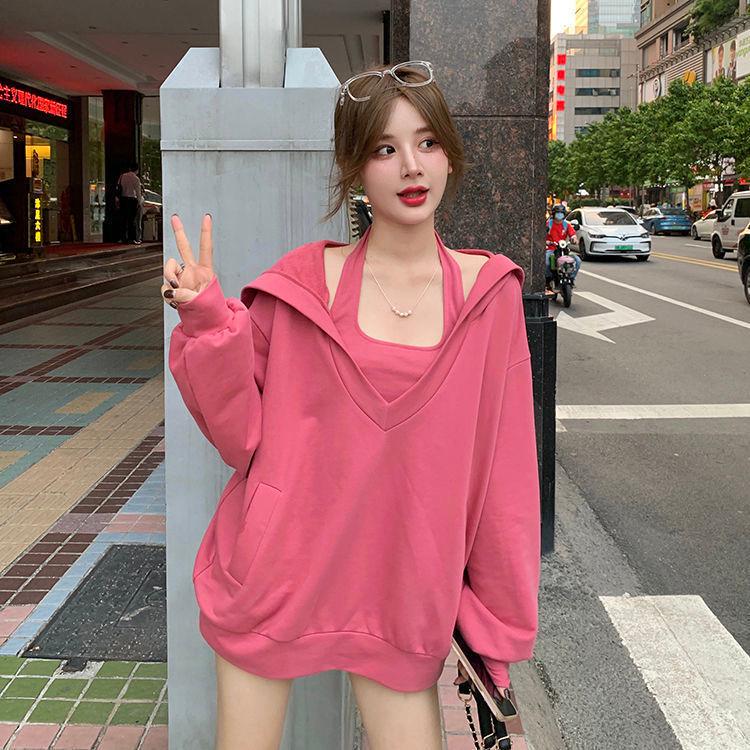 

High-End Pink V-Neck Halter Sweatshirt Set - Street Style Autumn/Winter Two-Piece for Women Medium