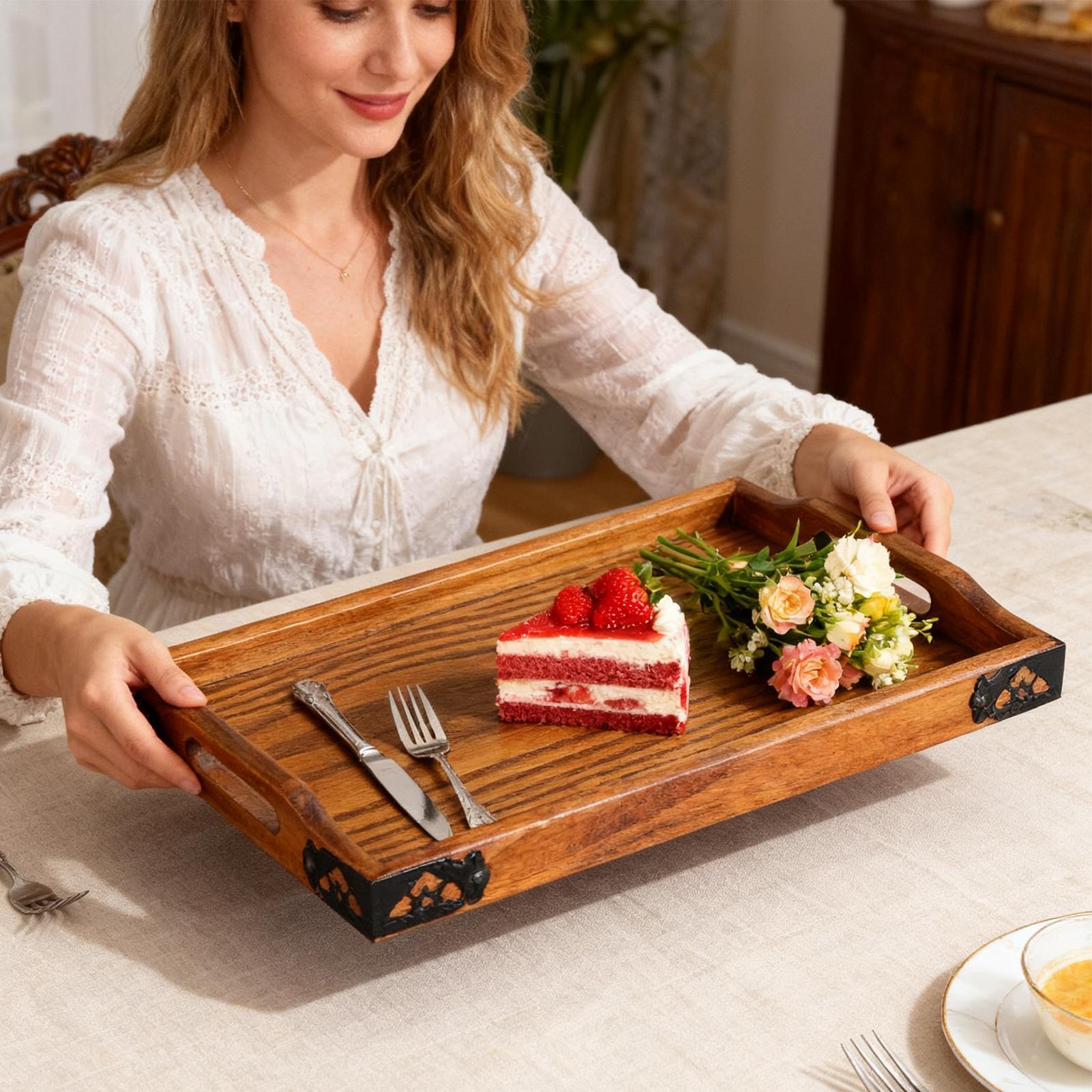 

Wooden Serving Tray with Handles Wood Tea Tray Food Tray for Breakfast Coffee Dessert Snack Platter Home Coffee Table China Mainland