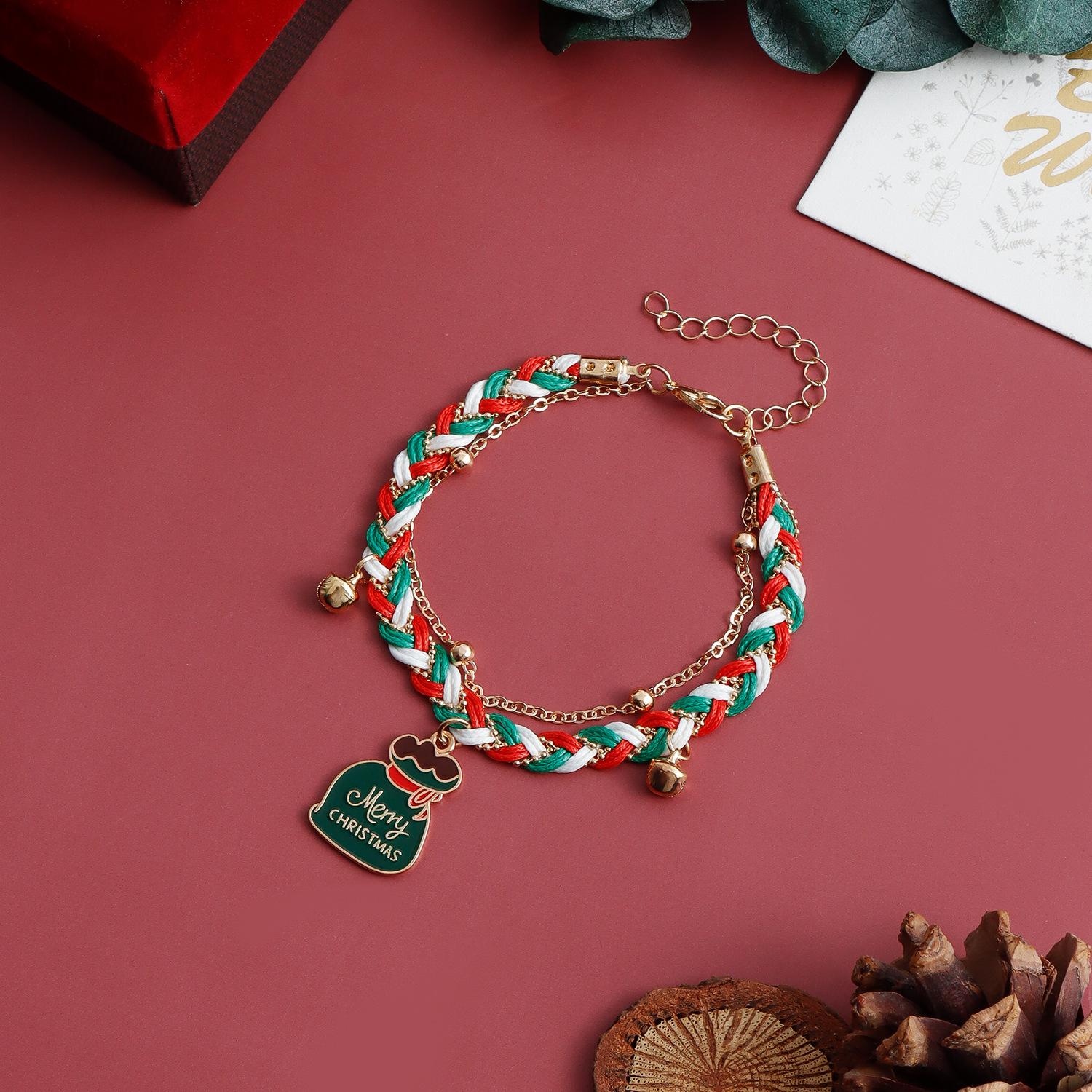 

Christmas bracelet handwoven chain Christmas hat tag colorful splicing double-layer jewelry