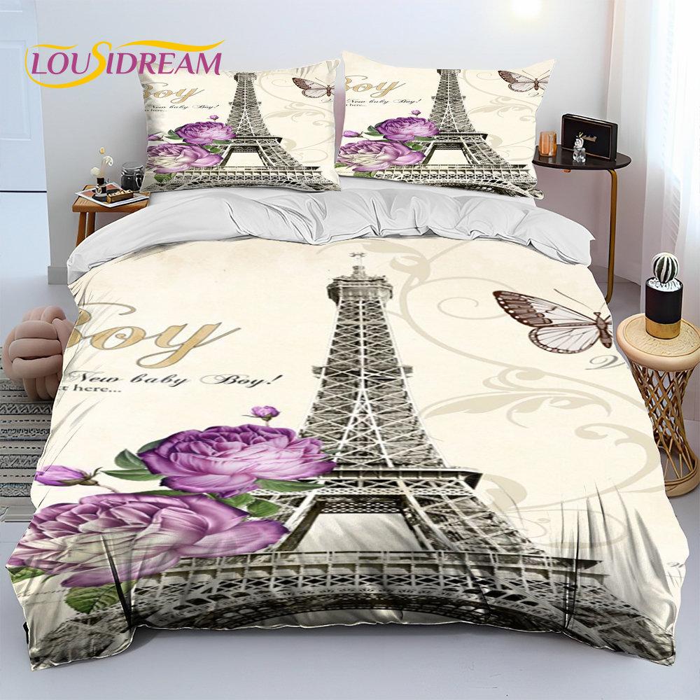 France Paris Eiffel Tower Comforter Bedding Set,Duvet Cover Bed Set Quilt Cover Pillowcase,King Queen Size Bedding Set Kid Adult