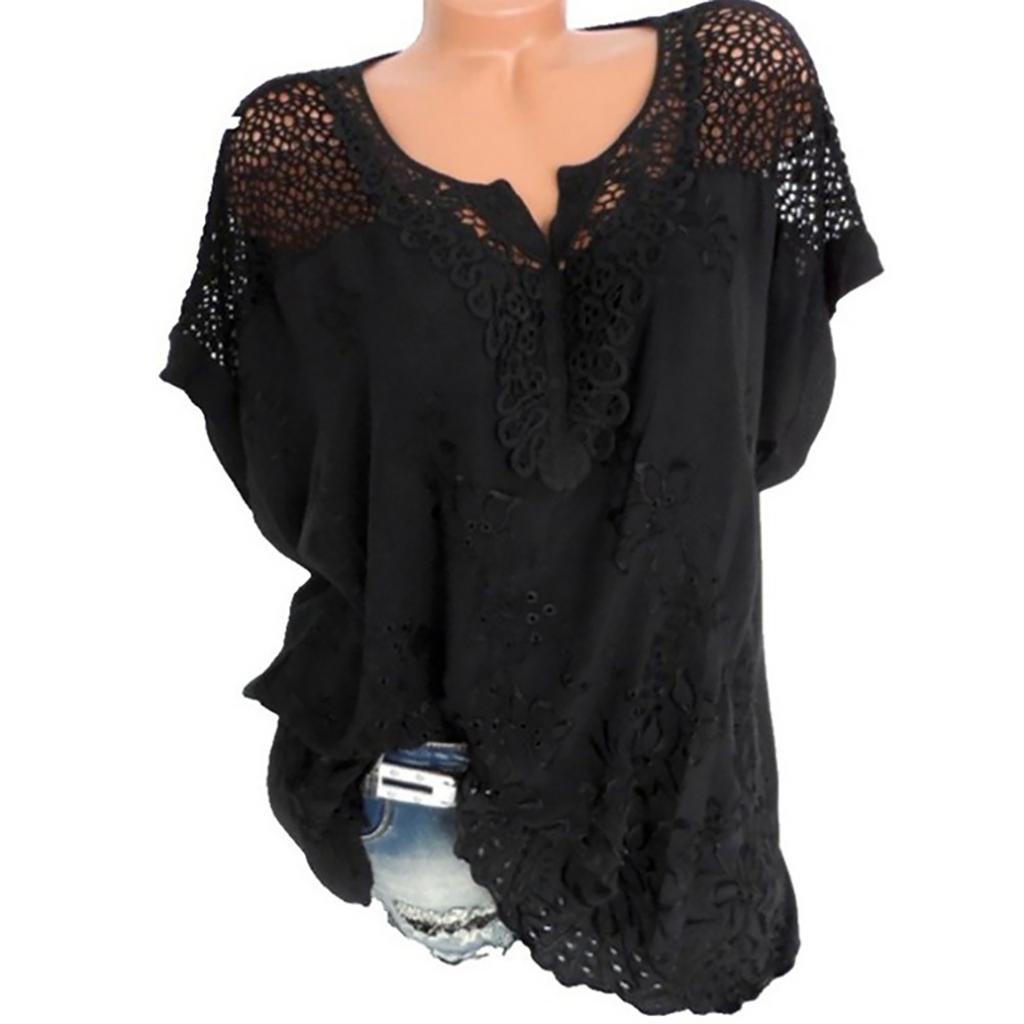 Ladies Loose Casual Lace V-Neck Embroidered Short-Sleeved  Shirt Top
