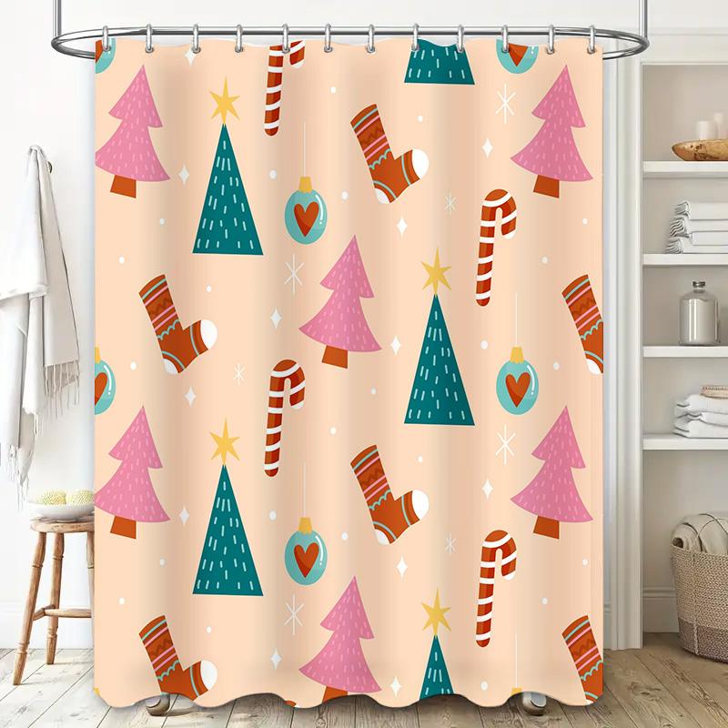 Christmas Shower Curtain Set Holiday Christmas Decorations, Xmas Trees, Candy Cane Design Waterproof Bathroom Liner for Festive