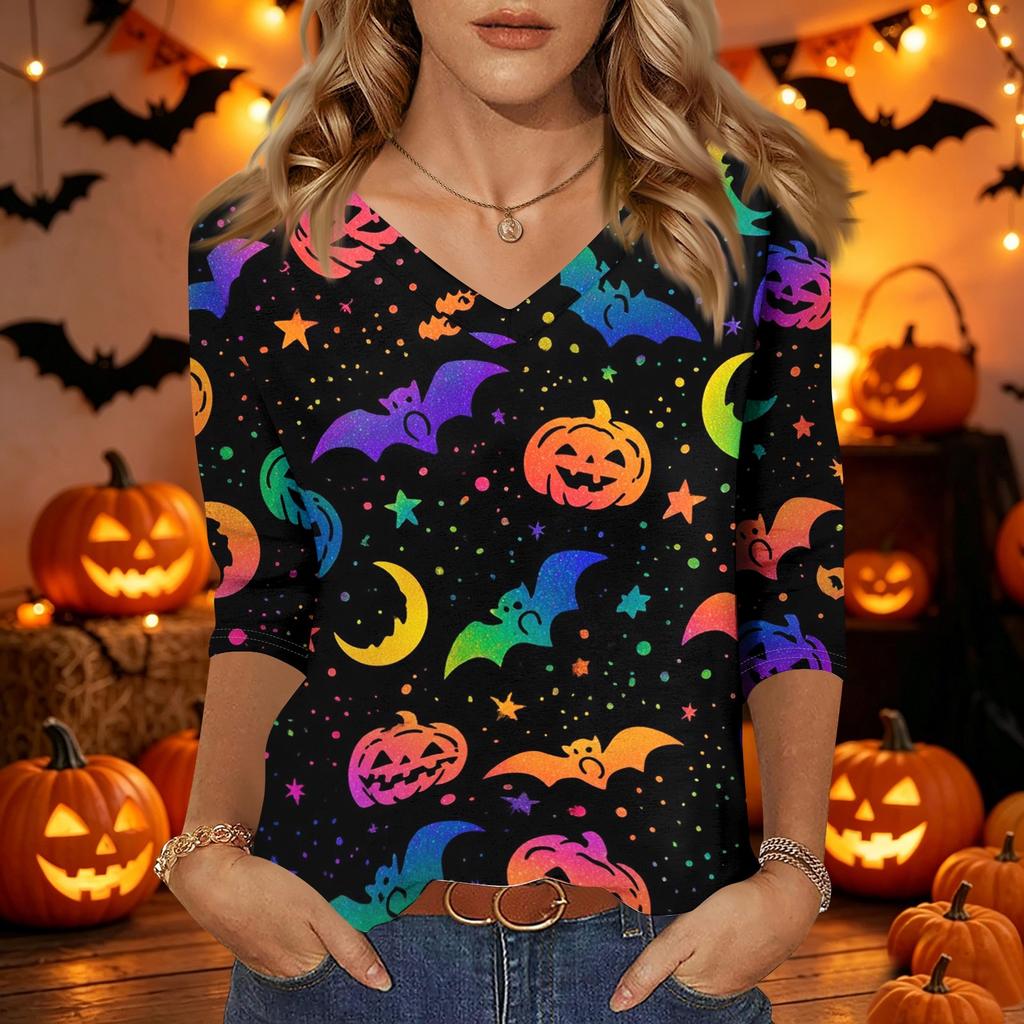 Womens Casual Halloween Print V Neck Three Quarter Sleeve Top Lightweight Stretchy Blouse for Fall Seasonal Wear