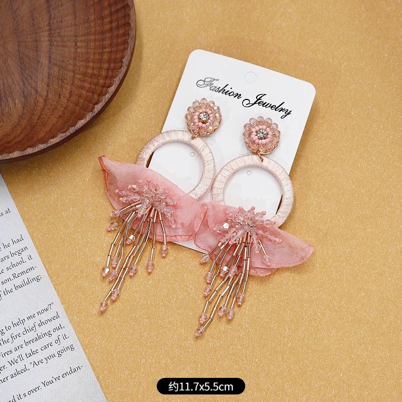 Bohemian Crystal Fringed Flower Large Circle Stud Earrings Women's Long Temperament Vacation Earrings Retro Earrings