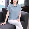Large Size Summer Women Casual Loose Polo T-Shirt Turn-Down Collar Pink Bluish Gray Feather Leaf Pattern Tee Cotton Sport Ladies' Top M-4XL
