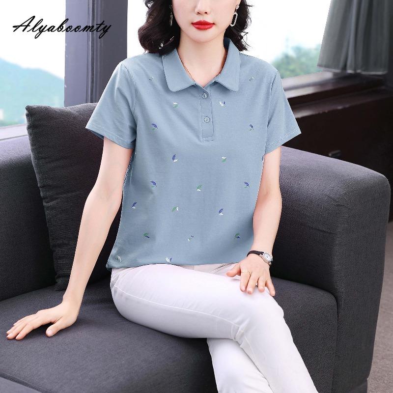 Large Size Summer Women Casual Loose Polo T-Shirt Turn-Down Collar Pink Bluish Gray Feather Leaf Pattern Tee Cotton Sport Ladies' Top M-4XL