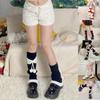 Ribbed Knitted Leg Warmers Socks Women Colorblock Cute Pompom Bowknot Ruffled Flared Hem Foot Cover Boot Cuffs Stockings  Red bow on white