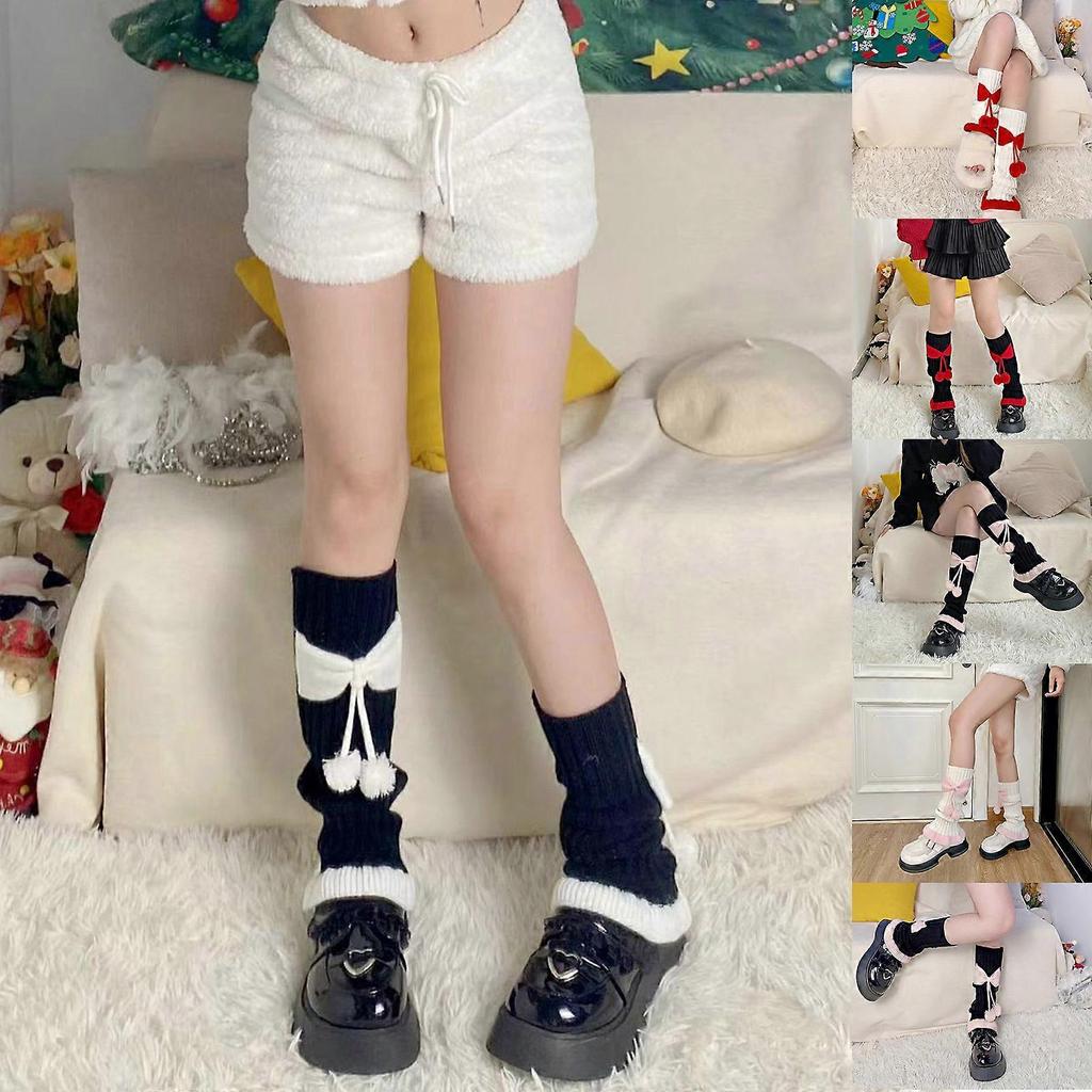 Ribbed Knitted Leg Warmers Socks Women Colorblock Cute Pompom Bowknot Ruffled Flared Hem Foot Cover Boot Cuffs Stockings  Red bow on white