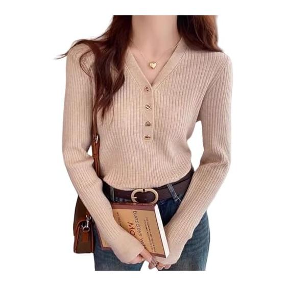 [Ishihara liacceai] Women s Rip Knit Sweater, V-Neck, Long Sleeve, Thin, Inner Shirt, Pullover Top, Stylish, Commuting, Slimming, Casual, Spring,
