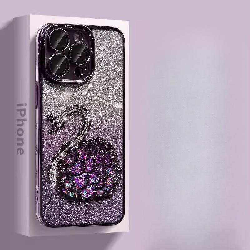Glitter Pink Diamond Swan Suitable for Apple 16Pro Gradient Phone Case IPhone 15 Anti-fall Lens Film 14 Protection Case