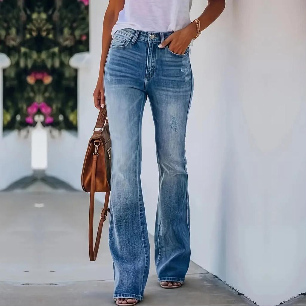 Modische Damen Slim Fit Schlagjeans Casual High Waist Blaue Jeans mit Taschen