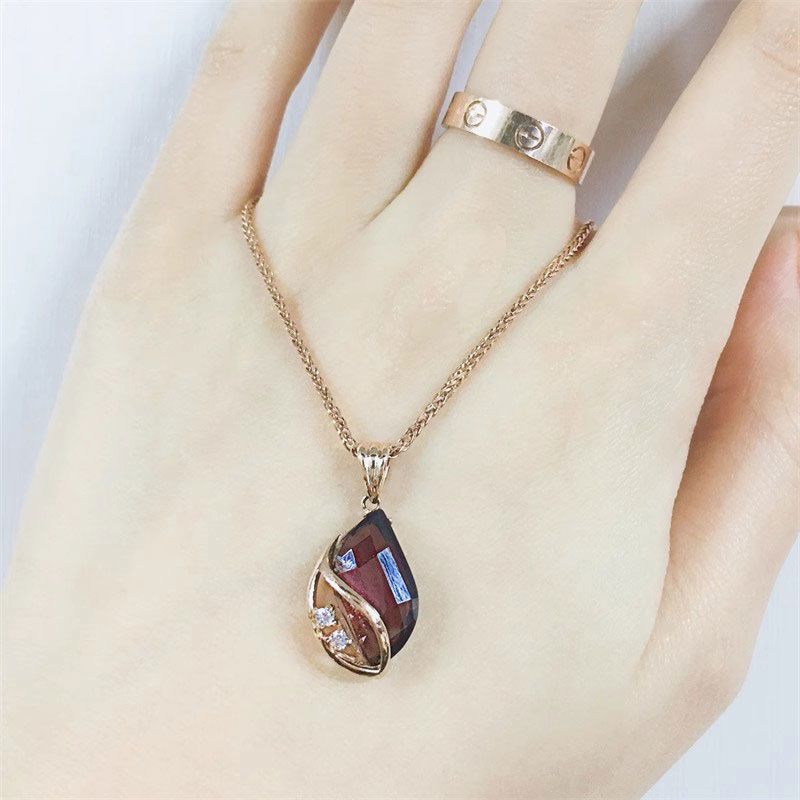 Exquisite Russian Purple Gold Smoke-Colored Stone Pendant, Simple Rose Gold-Plated Coffee-Colored Water Drop-Shaped Hollow Collarbone Chain For Women