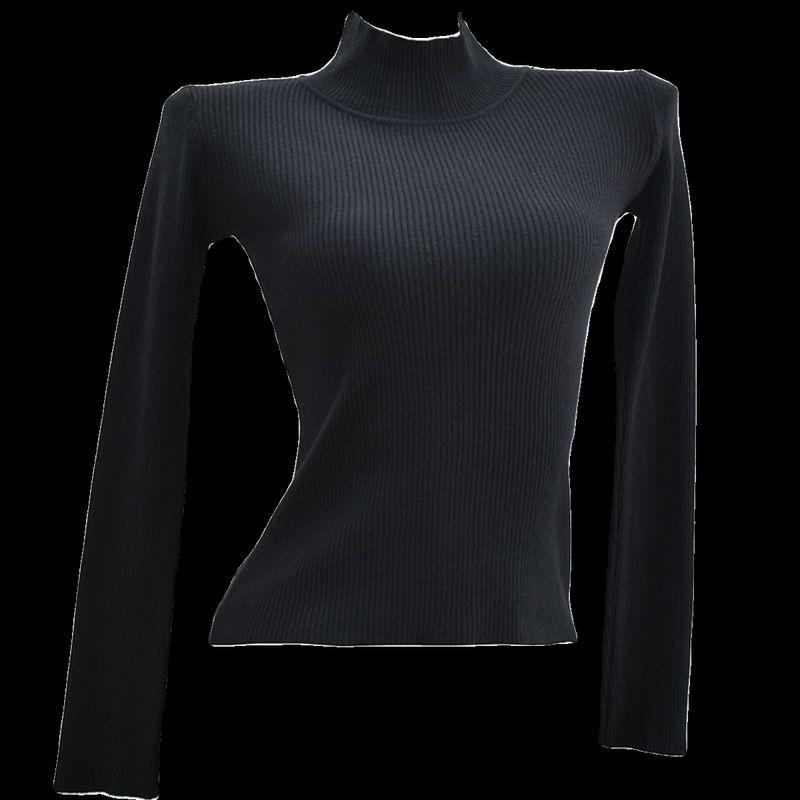 Half-High Collar Short Slim Long Sleeve Stretch Plaid Soft Glutinous Pure Color Knitting Sweater Bottoming Shirt Women's Clothing Easiest for Match